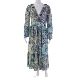Derhy Womens Cotton Printed Beaded V-neck Long Sleeve Dress Multicolor Size S
